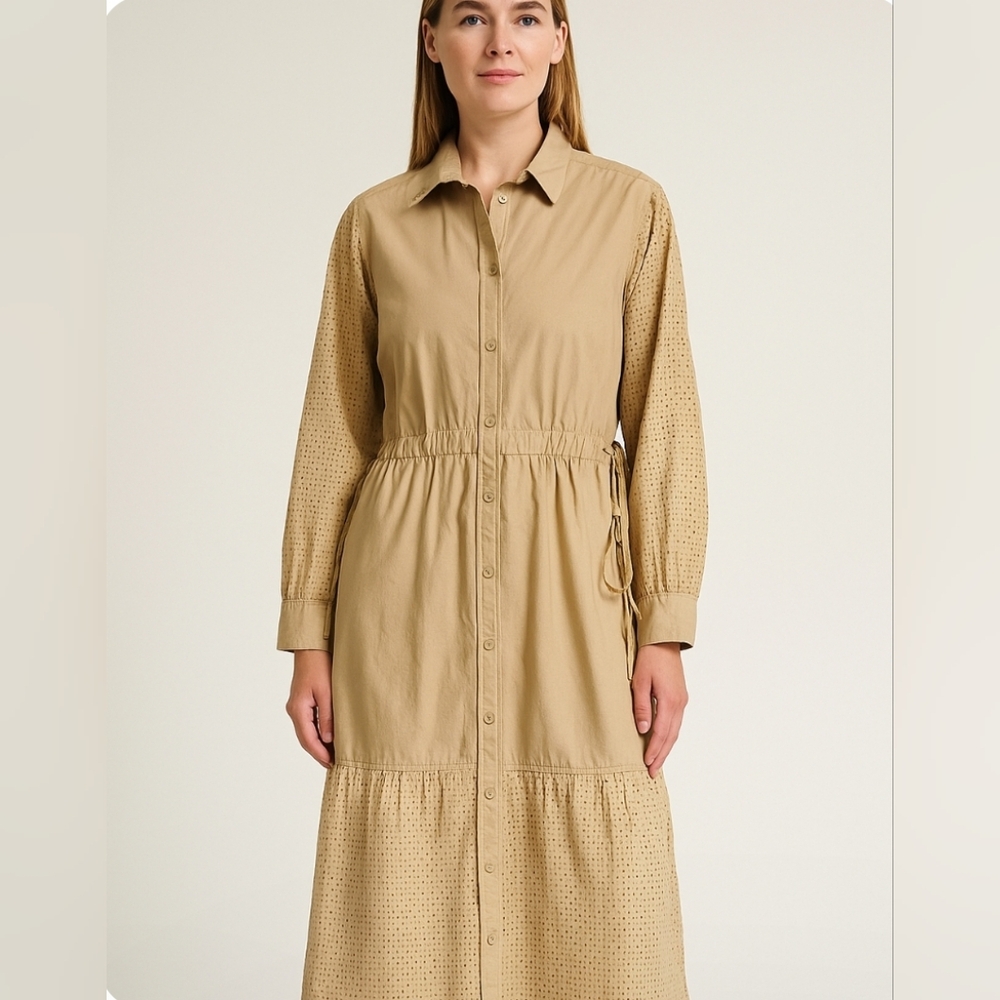 Skall Studio Lucca Organic Cotton Tan   Eyelet Shirt Dress EU 32/ US Medium